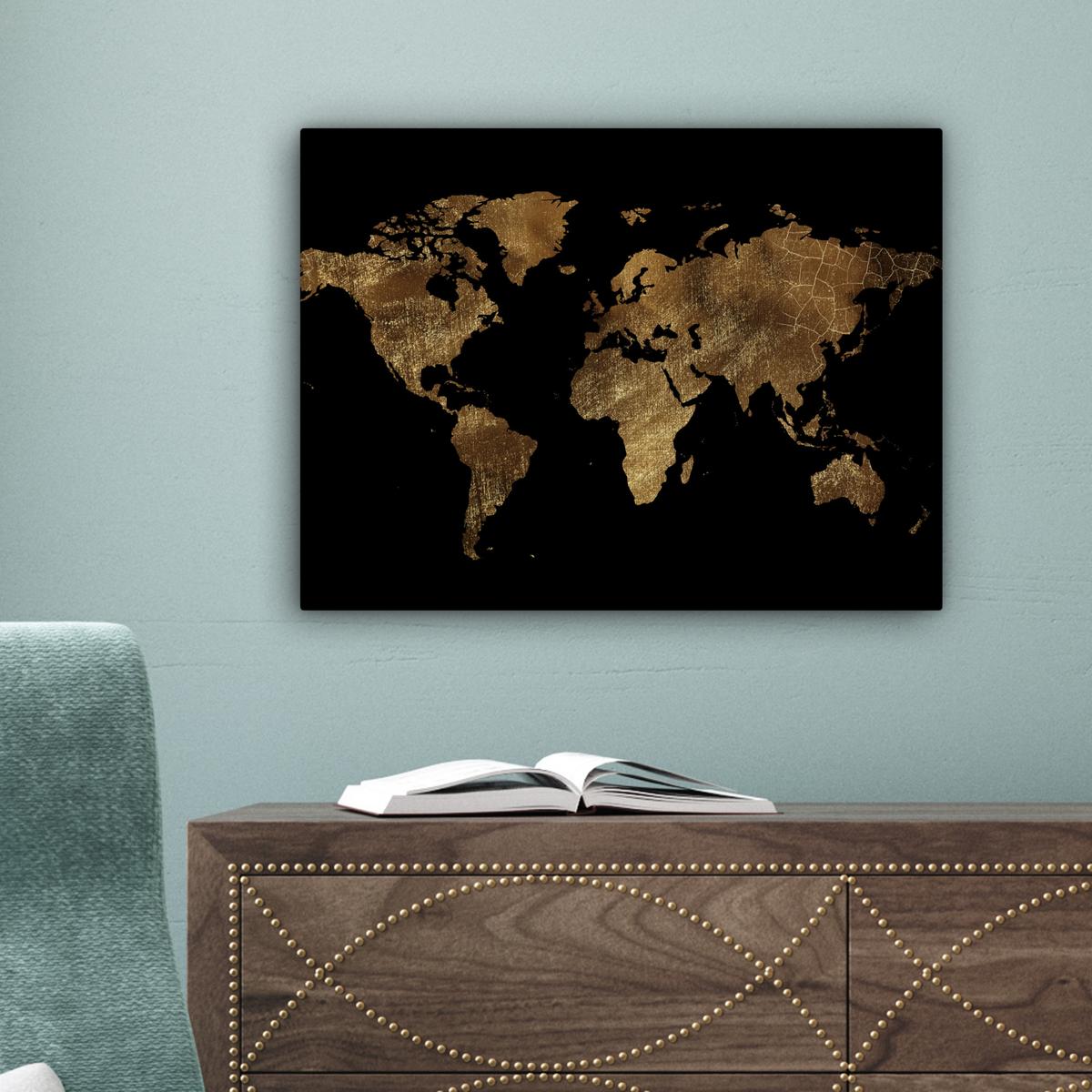 LEINWANDBILD Weltkarte - Gold - Luxus - Erde - Schwarz Wandbild 40x30 cm - Goldfarben, Textil (40/30cm) - MuchoWow