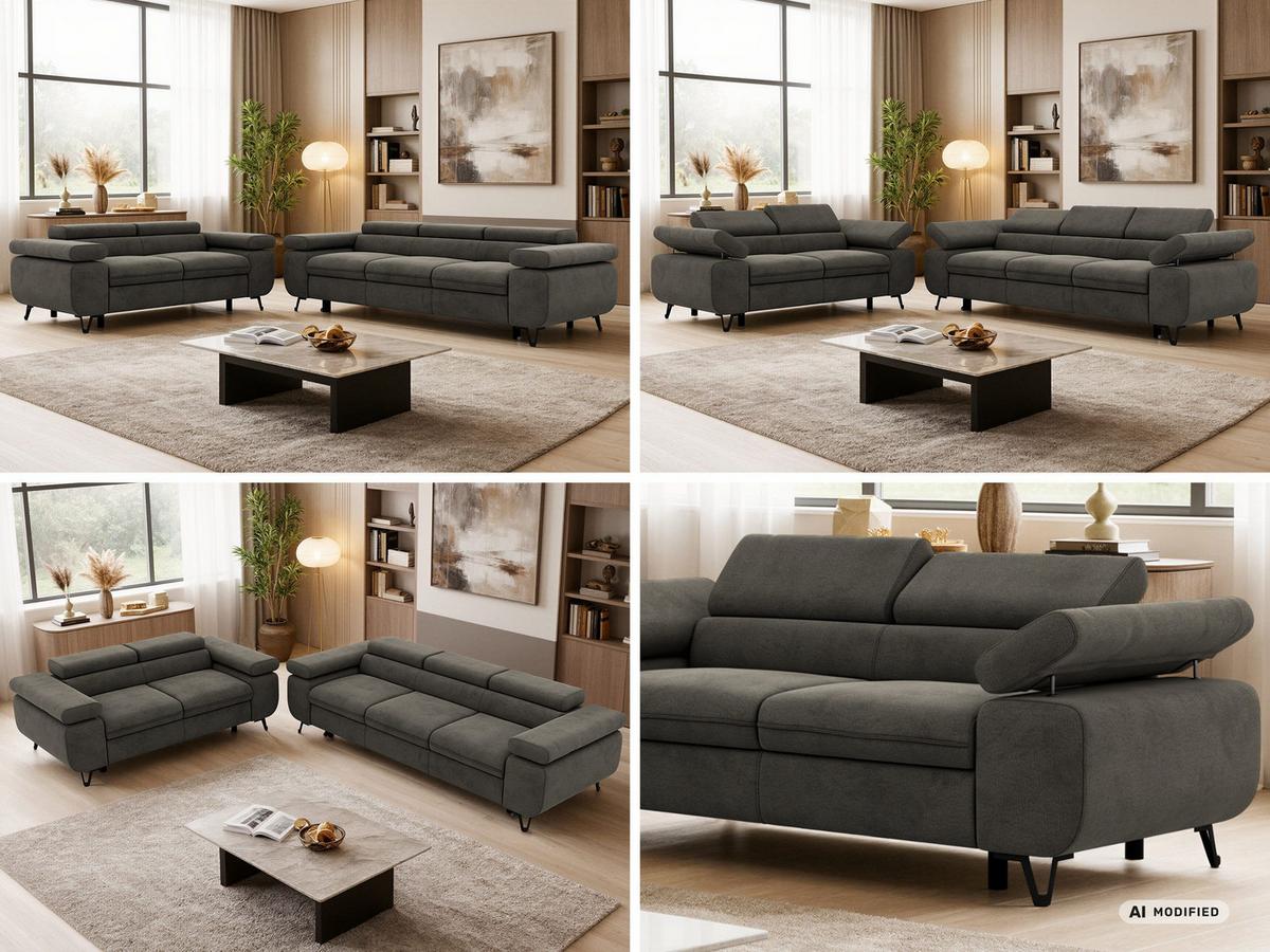SITZGARNITUR PETERS 2+3 - Dunkelgrau Velvet - Dunkelgrau/Schwarz, Textil/Metall (262/76/99cm) - MKS