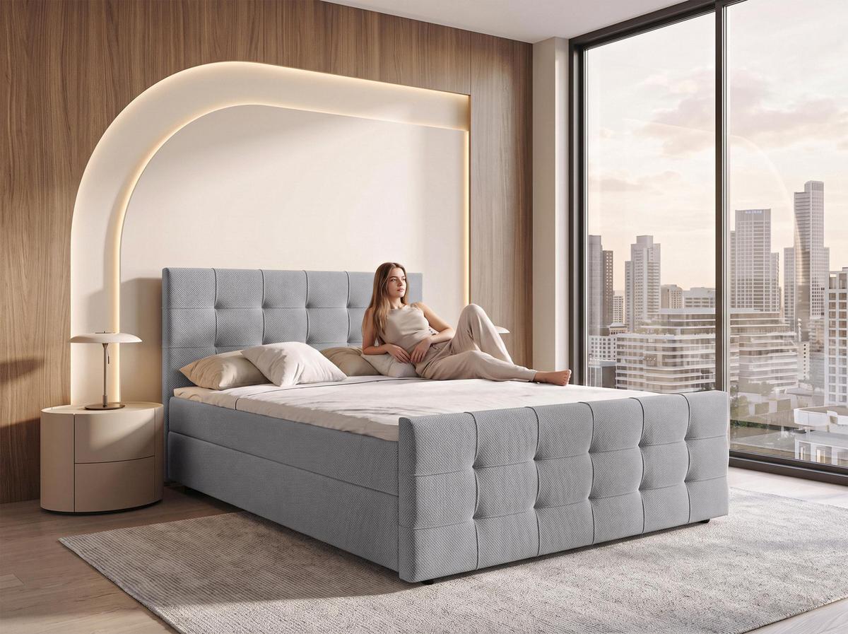 BOXBETT DEFNE 140x200 cm mit Fußteil und Matratze - Hellgrau + TOPPER - Hellgrau/Schwarz, Holz/Holzwerkstoff (140/200cm) - AX Living
