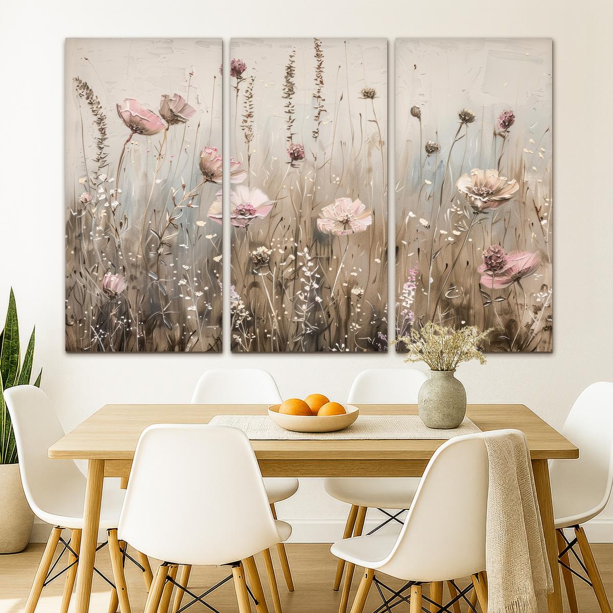 LEINWANDBILD 3er Set Blumen - Beige - Modern - Rosa 180x120 cm - Ecru, Textil (180/120cm) - MuchoWow
