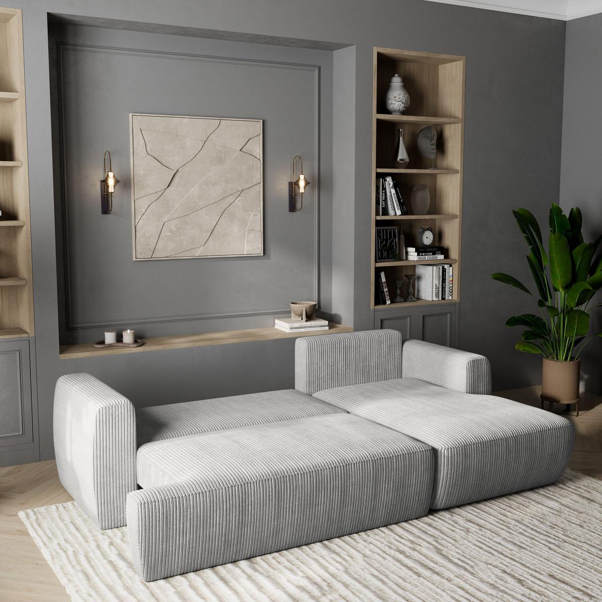 ECKSOFA SENTI P R-S Hellgrau Kordstoff mit Schlaffunktion - Hellgrau/Schwarz, Holz/Kunststoff (246/148cm) - MASSENO