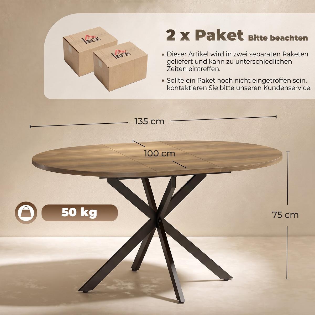AUSZIEHBARER-ESSTISCH MDF Stahl Braun - Schwarz/Braun, Holzwerkstoff/Metall (135/100/75cm) - HOMCOM
