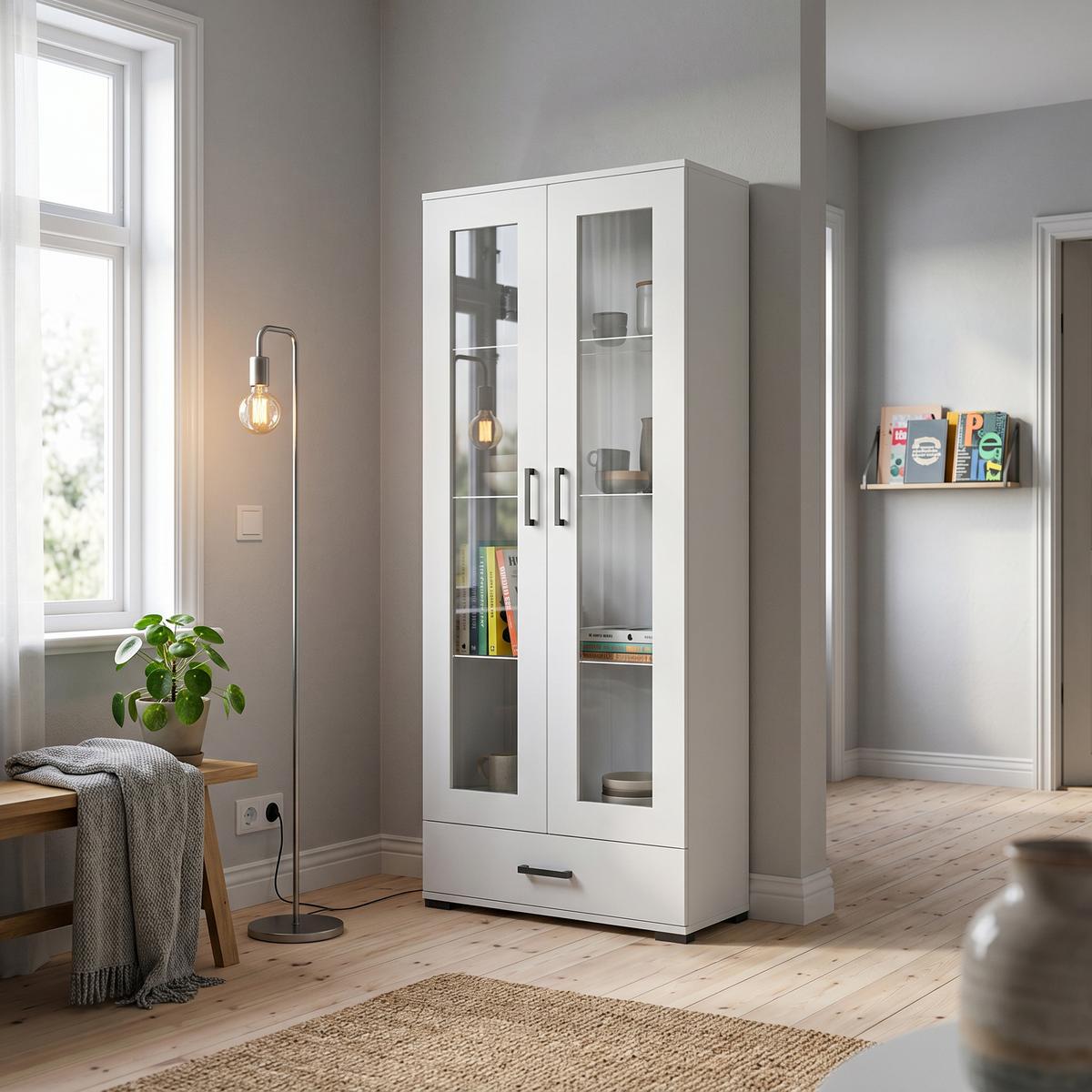VITRINENSCHRANK ALBANO 186 x 80 cm Weiß - Weiß, Holzwerkstoff (80/186/40cm) - MASSENO