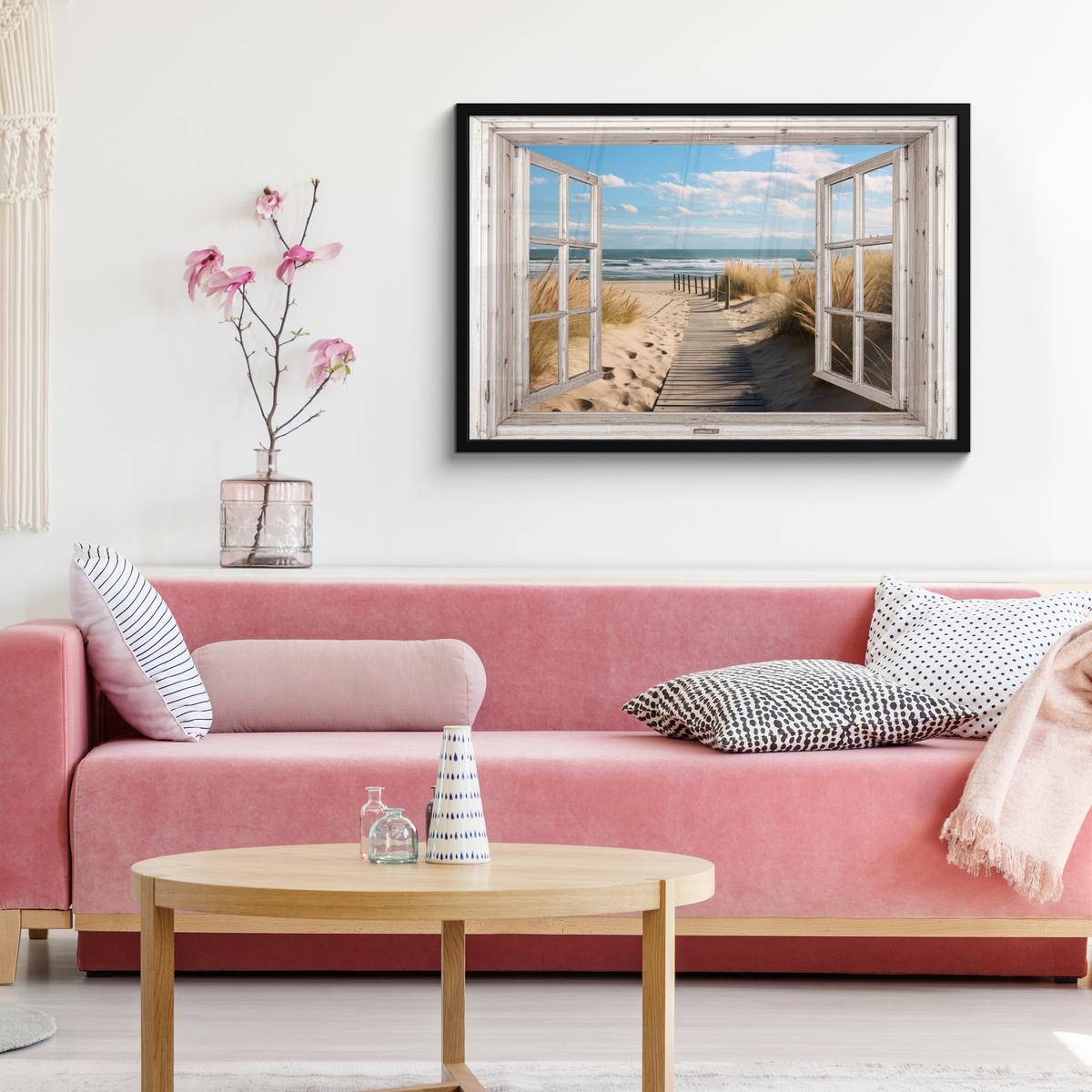 POSTER MIT RAHMENGERAHMTES BILD Fenster - Meer - Küste - Natur - Ausblick - Strand - Wattenmeer 90x60 cm - Beige, Papier (90/60cm) - MuchoWow