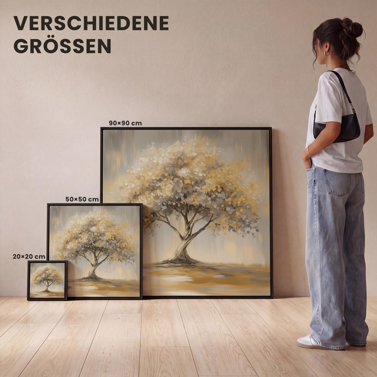 LEINWAND Bilder mit Rahmen - Gemälde - Baum - Abstrakt - Blätter - 50x50 - Beige, Textil (50/50cm) - MuchoWow