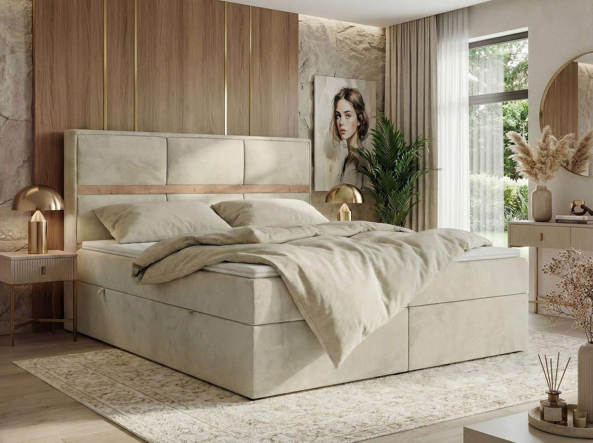 BOXSPRINGBETT ORVO 160/200 - Beige Velvet - Topper T25 - H4 - Beige/Schwarz, Kunststoff/Textil (160/200cm) - MKS