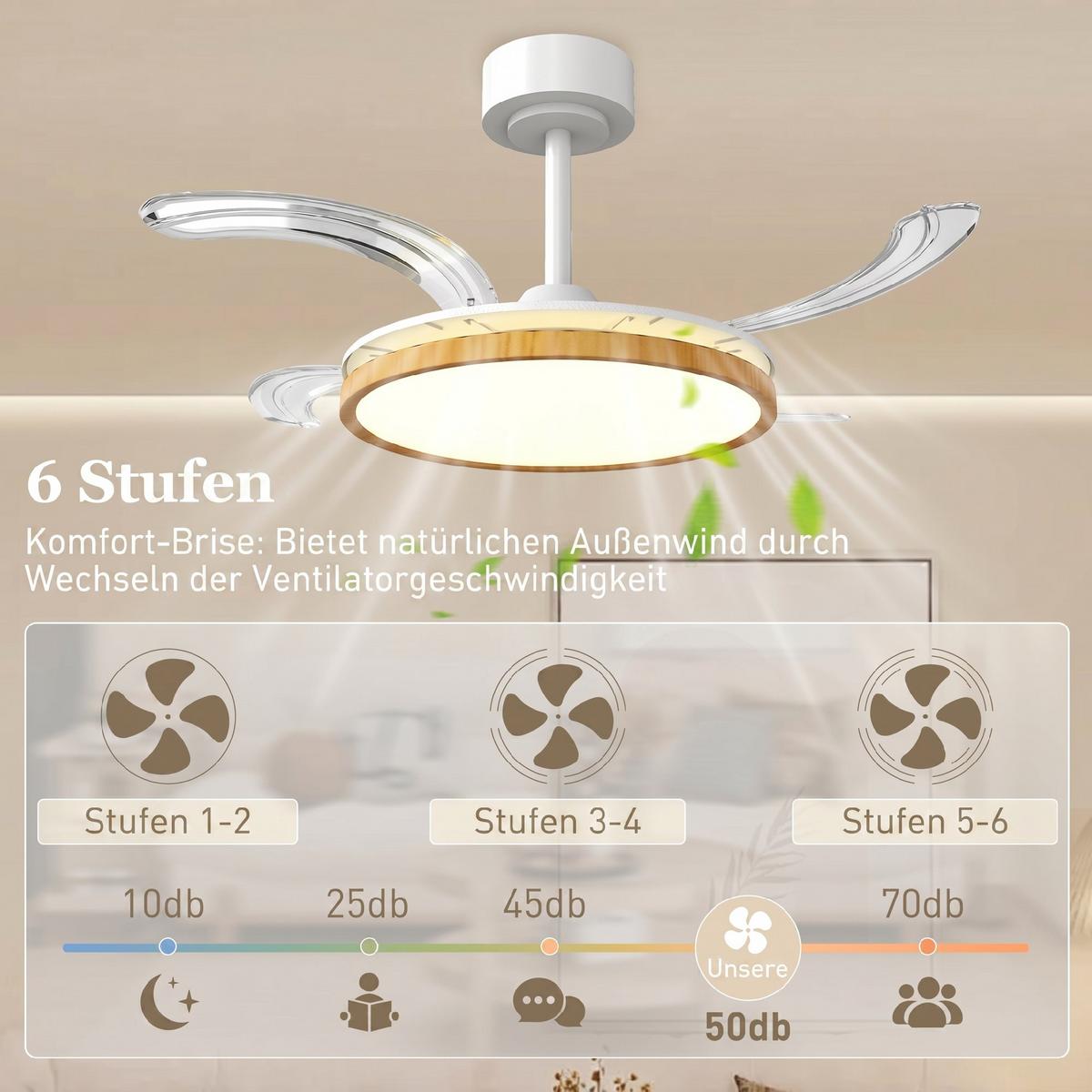 DECKENVENTILATOR-MIT-LICHT Stahl Naturholz - Naturfarben, Metall (95/95/36cm) - HOMCOM