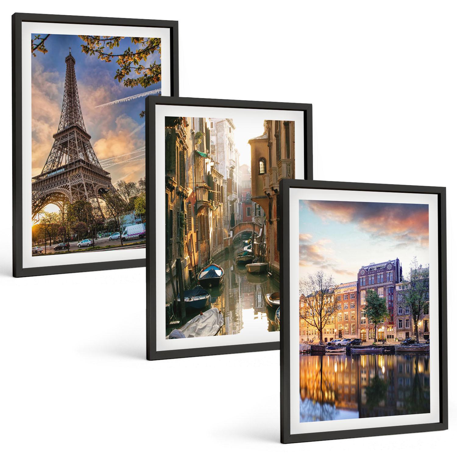 BILDER SET 3er Set - 40x60 cm Schwarzer Rahmen - Eiffelturm Venedig Amsterdamer Kanäle - Schwarz, Kunststoff (40/60cm) - TULUP