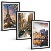 BILDER SET 3er Set - 40x60 cm Schwarzer Rahmen - Eiffelturm Venedig Amsterdamer Kanäle - Schwarz, Kunststoff (40/60cm) - TULUP