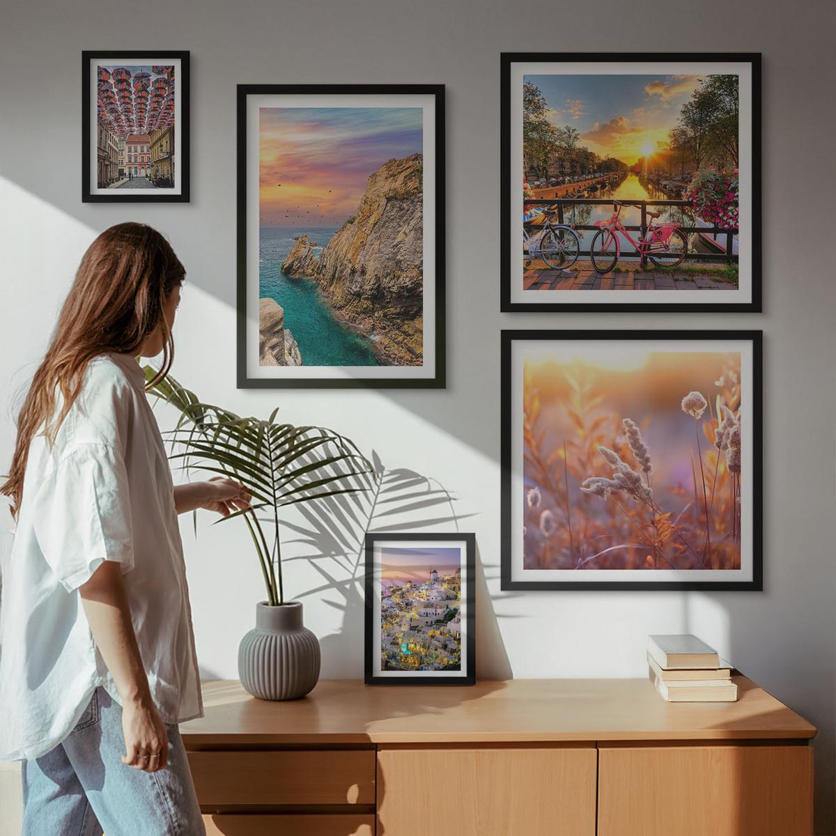 BILDER SET 5er Set - 50x50 cm & 20x30 cm & 40x60 cm Schwarzer Rahmen - Sonnenuntergänge am Meer - Schwarz, Kunststoff (40/60cm) - TULUP