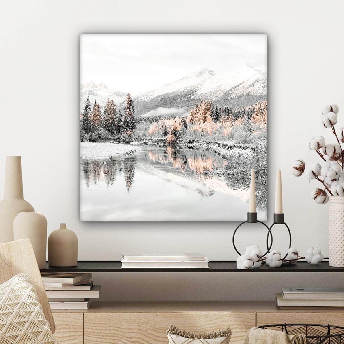 LEINWANDBILD Natur - Winter - Bäume - Berge - Schnee Wandbild Wohnzimmer 50x50 cm - Weiß Hochglanz, Textil (50/50cm) - MuchoWow