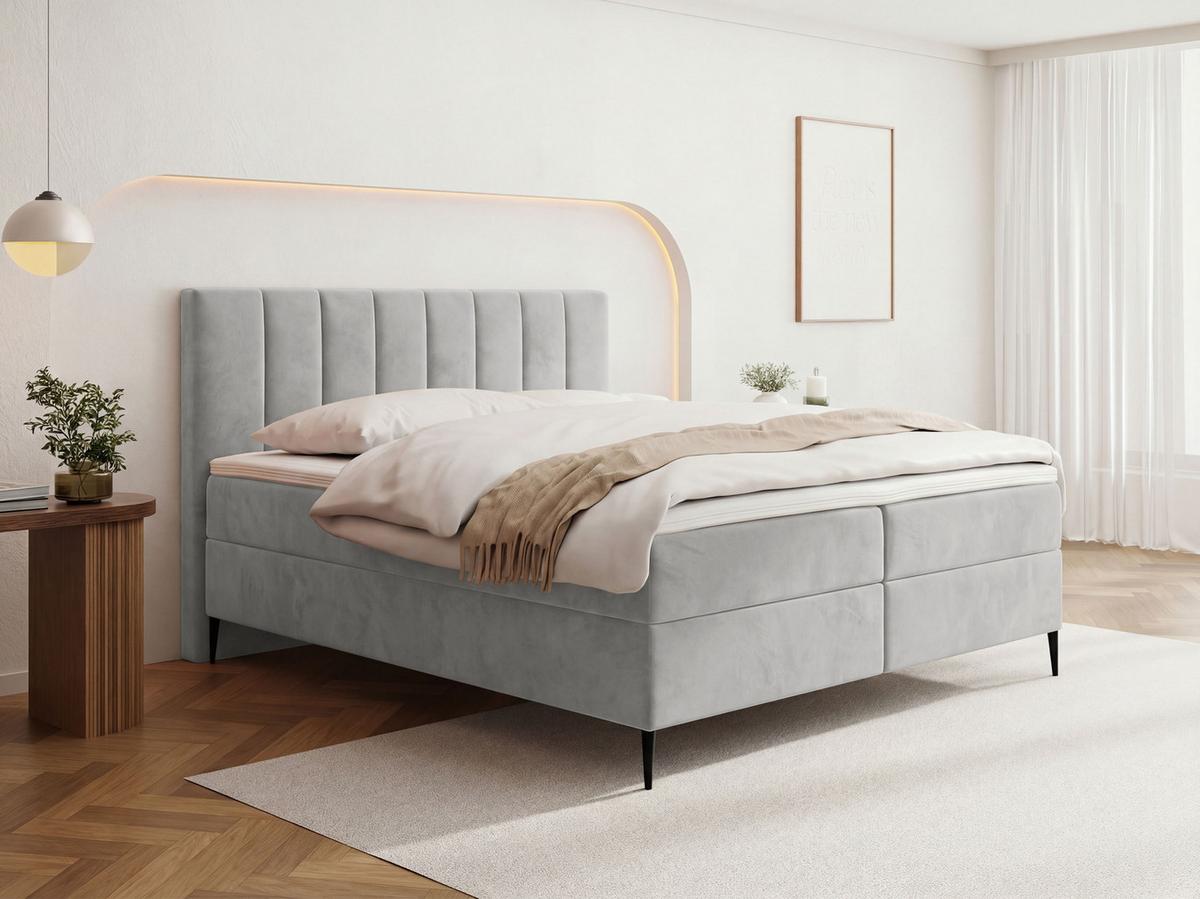 BOXBETT Allen mit Bettkasten, Samt Hellgrau 120x200 cm – inkl. H4 Taschenfederkern Matratze & Foam Topper - Hellgrau/Schwarz, Textil/Metall (120/200cm) - WFL GROUP