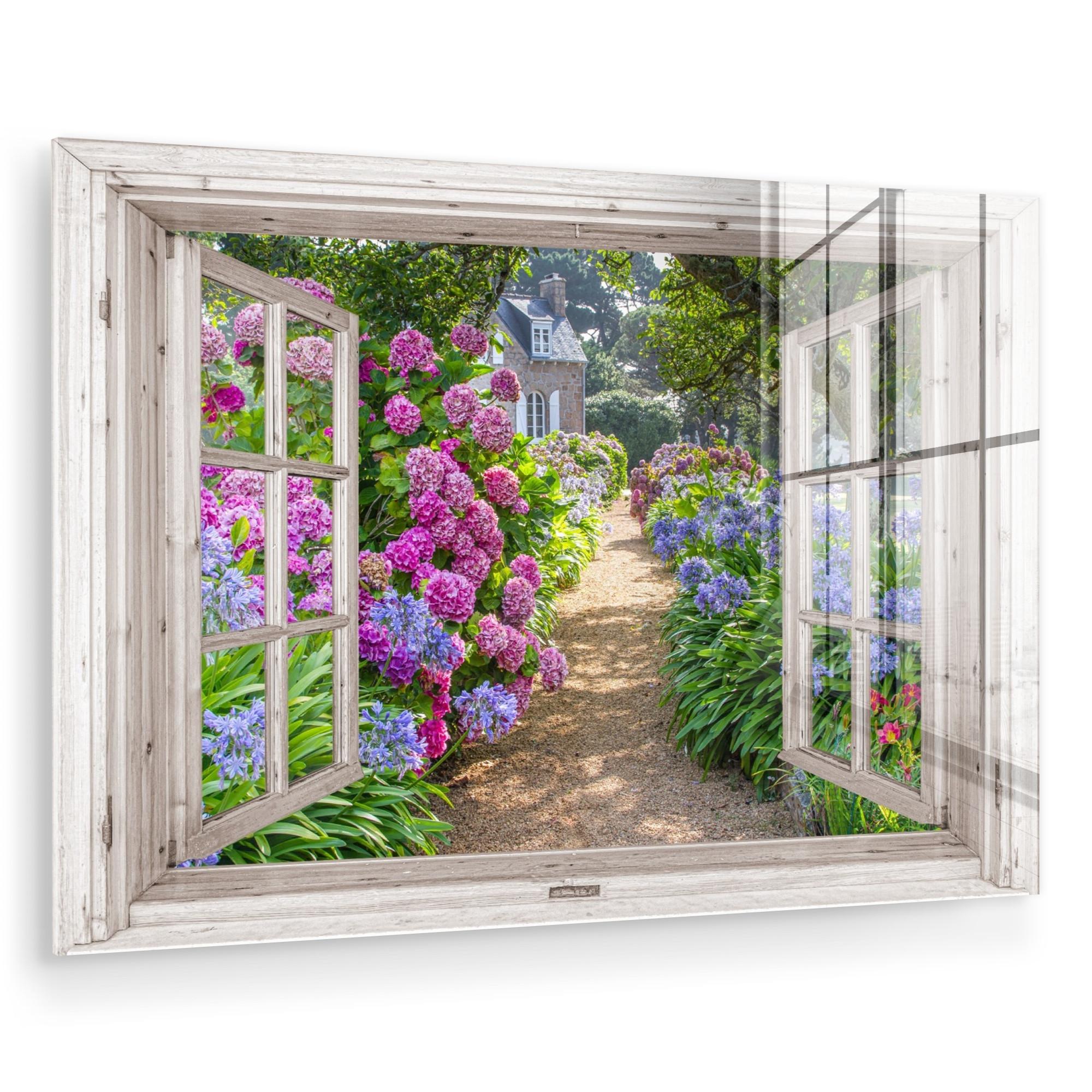 ACRYLGLASBILD Hortensie - Durchsichtig - Blumen - Sommer - Lila - Weg Wandbild Schlafzimmer 120x80 cm - Lila, Glas (120/80cm) - MuchoWow