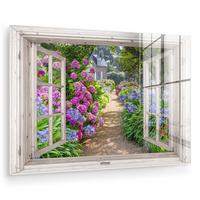 ACRYLGLASBILD Hortensie - Durchsichtig - Blumen - Sommer - Lila - Weg Wandbild Schlafzimmer 120x80 cm - Lila, Glas (120/80cm) - MuchoWow