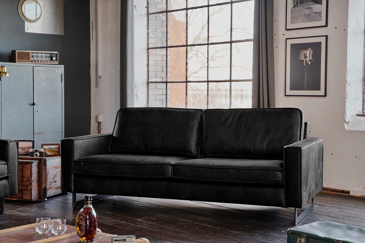 SOFA VILNIUS Schwarz Lederfaserstoff - Schwarz, Leder/Metall (166/85/99cm) - KAWOLA