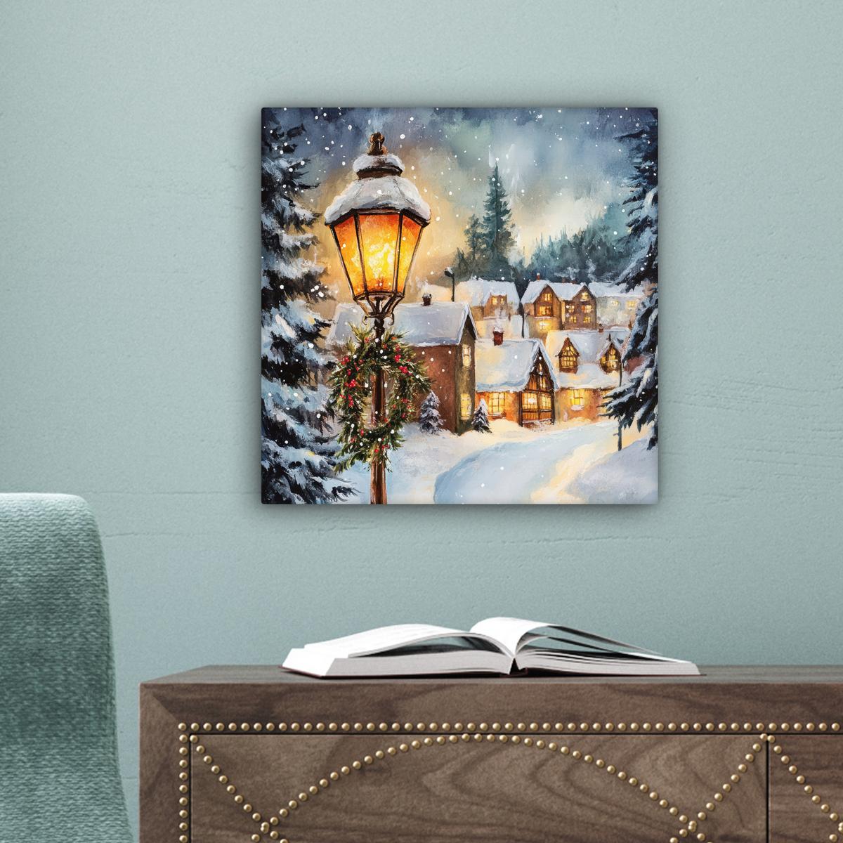 LEINWANDBILD Weihnachtsdorf - Häuser - Schnee - Weihnachten Deko Wohnzimmer 20x20 cm - Sandfarben, Textil (20/20cm) - MuchoWow