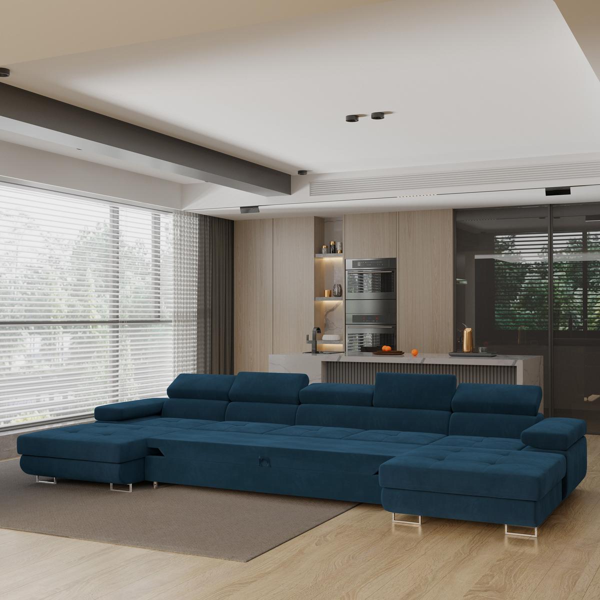 WOHNLANDSCHAFT OMBRA Blau Velours-Stoff mit Schlaffunktion - Blau, Holz (425/90/202cm) - MASSENO