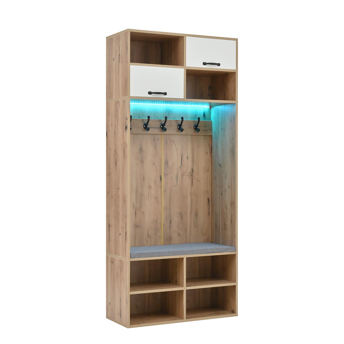 GARDEROBE holzwerkstoff LED inkl. sitzbank, led-beleuchtung - Naturfarben, Holzwerkstoff (80/185/35cm) - Urban Meuble