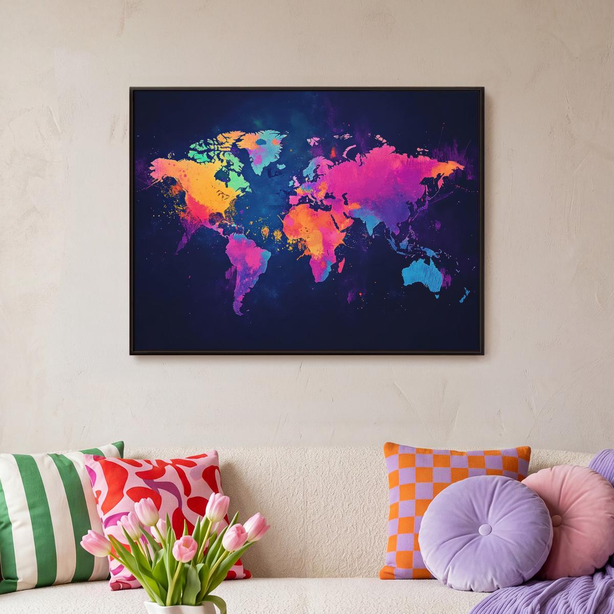 LEINWAND Bilder mit Rahmen - Weltkarte - Bunt - Graffiti - 80x60 - Multicolor, Textil (80/60cm) - MuchoWow