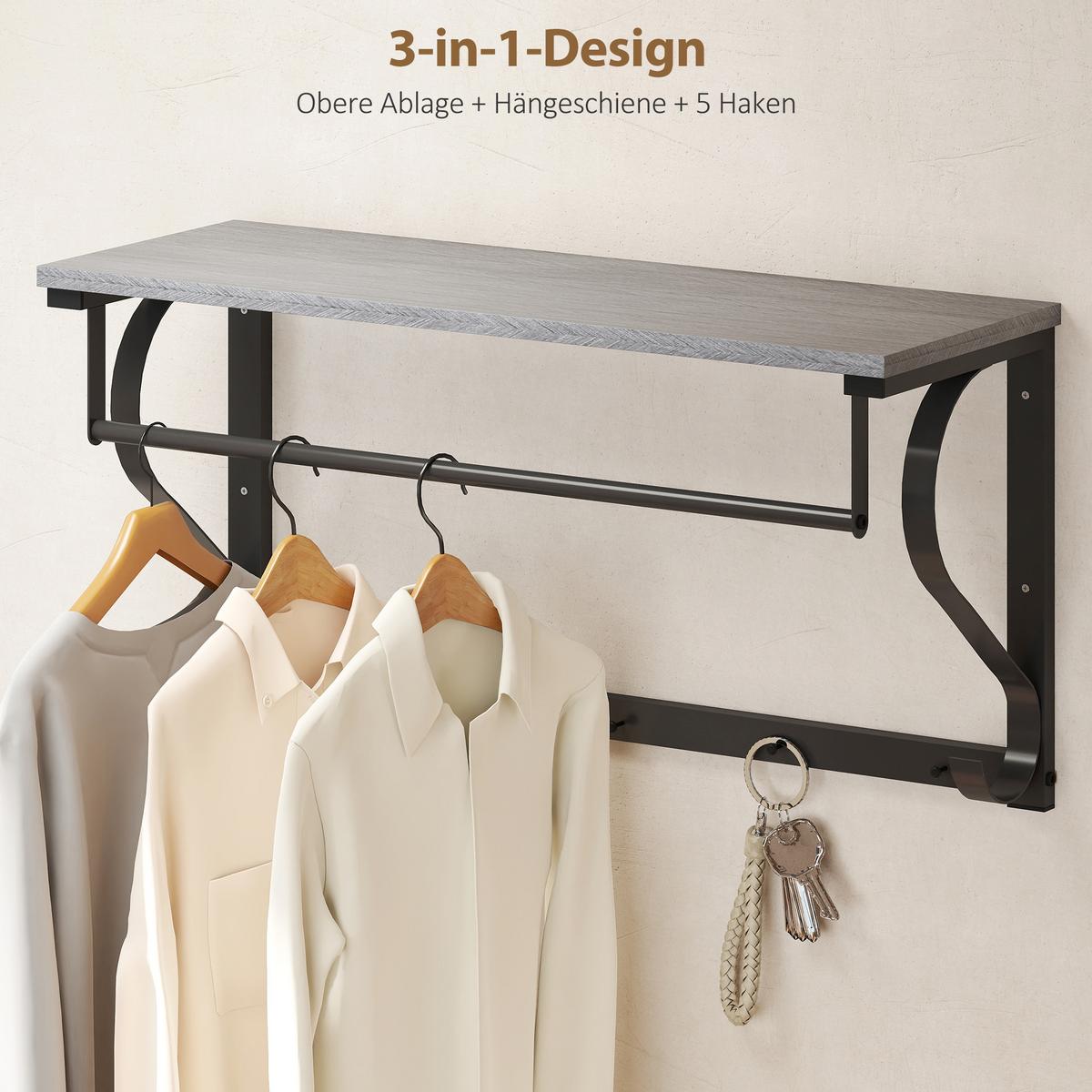 SCHUHREGAL 4 Ebenen Wandgarderobe mit Ablage 5 Haken und Stange gepolstert - Schwarz/Grau, Holzwerkstoff/Metall (30/87.6/70cm) - HOMCOM