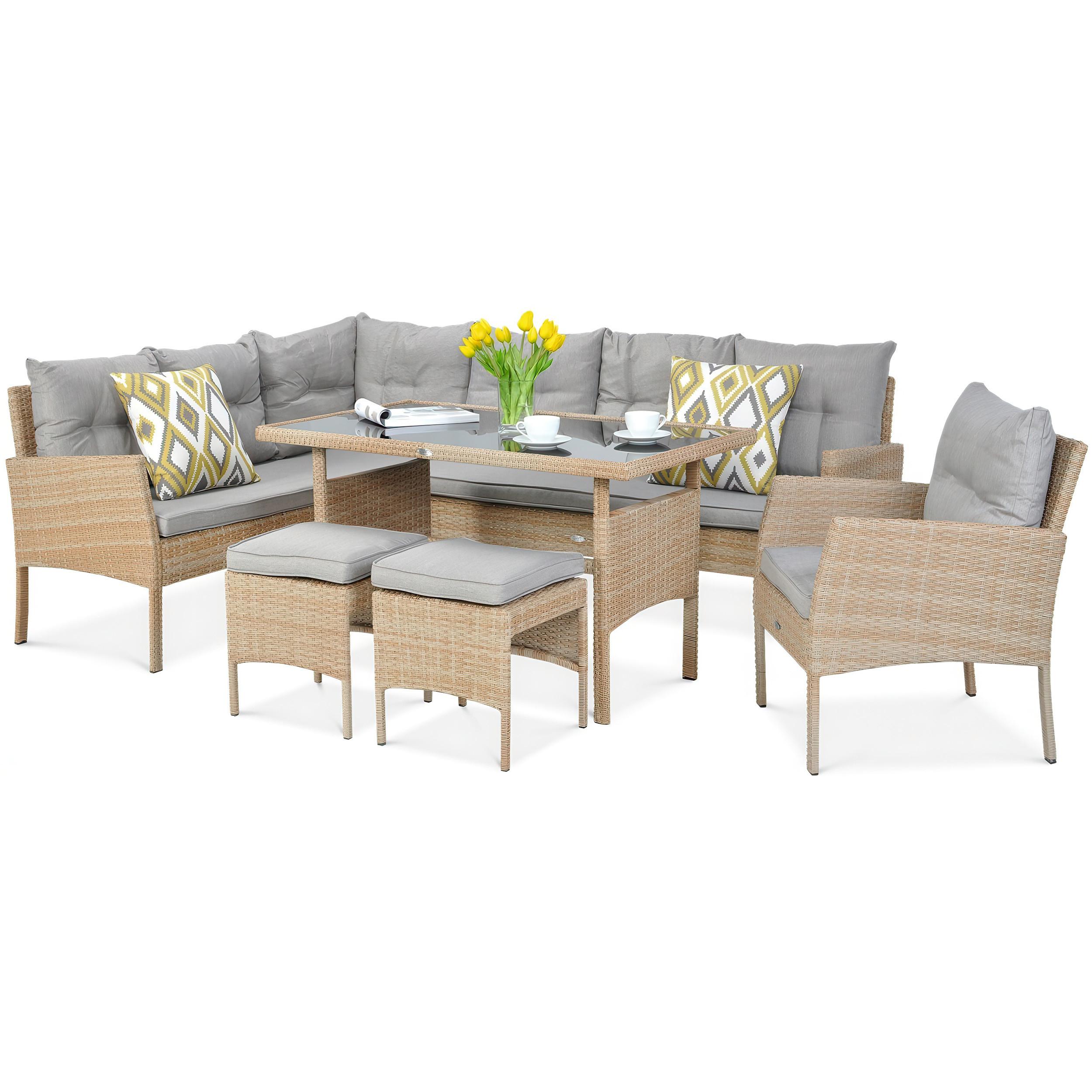 GARTENSET Calista, Technorattan, 2 Ecksofas + Sessel + 2 Hocker + Esstisch, für 7 Personen - Beige, Kunststoff - Beautysofa
