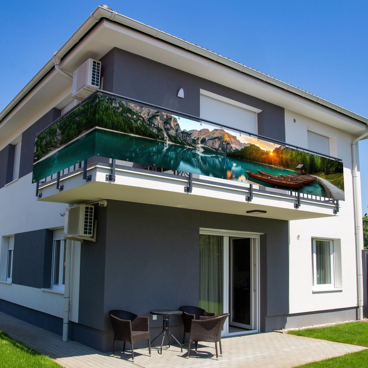 BALKON-SICHTSCHUTZ See - Berge - Sonnenuntergang - Boot Groß 500x80 cm - Petrol, Kunststoff (500/80cm) - MuchoWow
