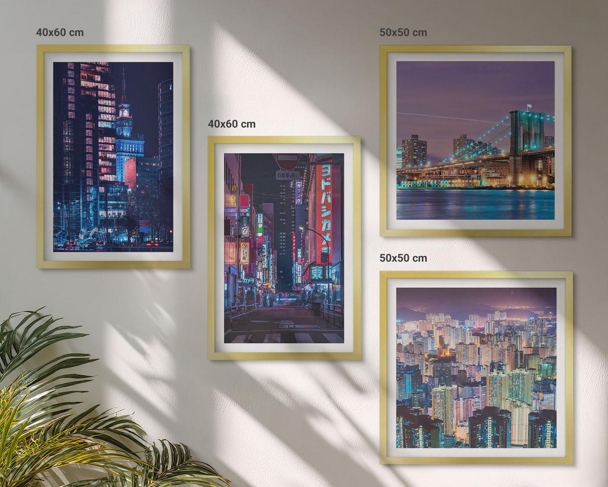 BILDER SET 4er Set - 50x50 cm & 40x60 cm Goldrahmen - Nachtstädte mit Neonlichtern - Goldfarben, Kunststoff (50/50cm) - TULUP