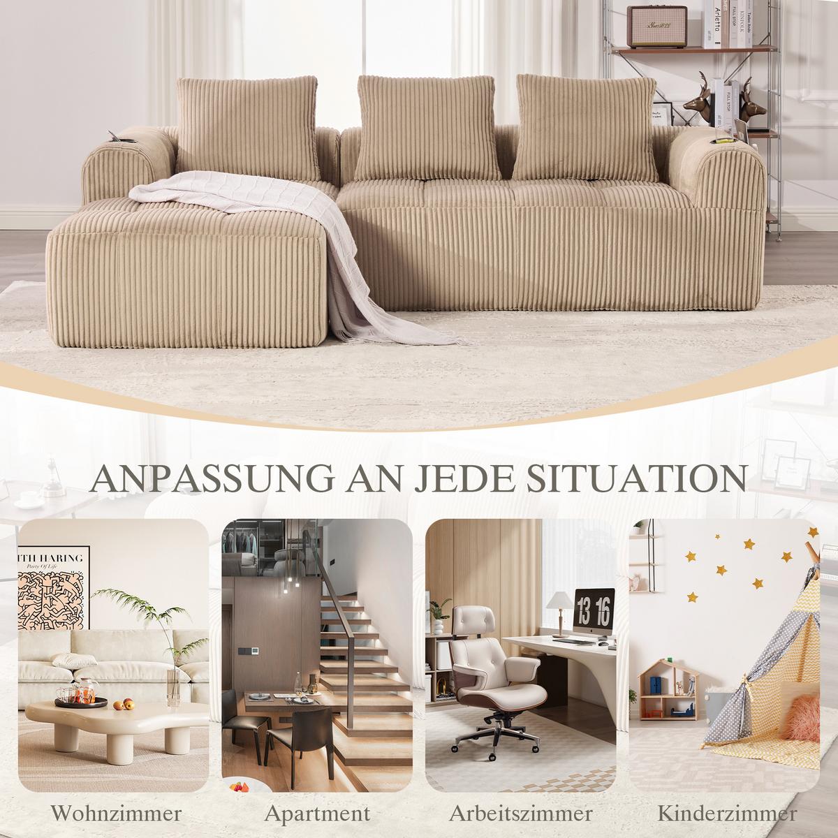 ECKSOFA 3-Sitzer mit Getränkehalter, Seitentaschen & 3 Kissen - Taupe, Textil (253/158cm) - Urban Meuble