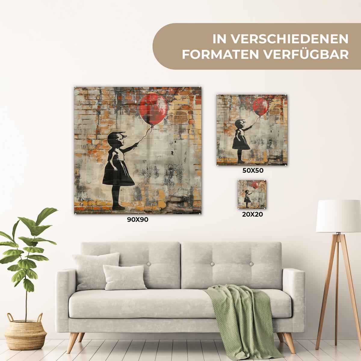 ACRYLGLASBILD Graffiti - Banksy - Mädchen - Straßenkunst 90x90 cm - Sandfarben, Glas (90/90cm) - MuchoWow