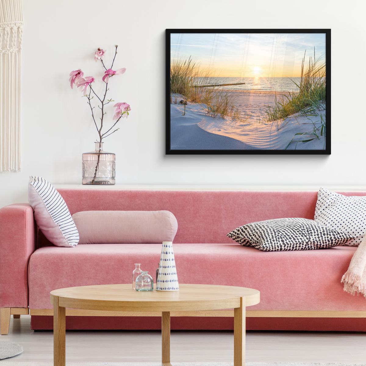 POSTER MIT RAHMENGERAHMTES BILD Strand - Sonne - Düne - Gras - Sand - Horizont 80x60 cm - Hellblau, Papier (80/60cm) - MuchoWow