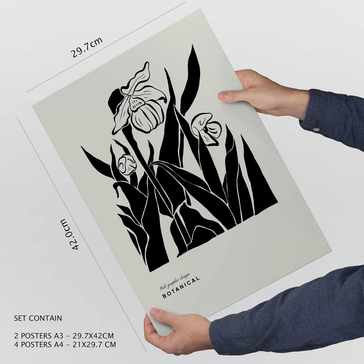 POSTER Set Mit 6 In Schwarzer Tinte Tropische Tinten Kunstdrucke Im Skizzenstil Für Innenarchitektur A3 & A4 Schwarzer Rahmen - Schwarz, Papier (29/3cm) - Nacnic