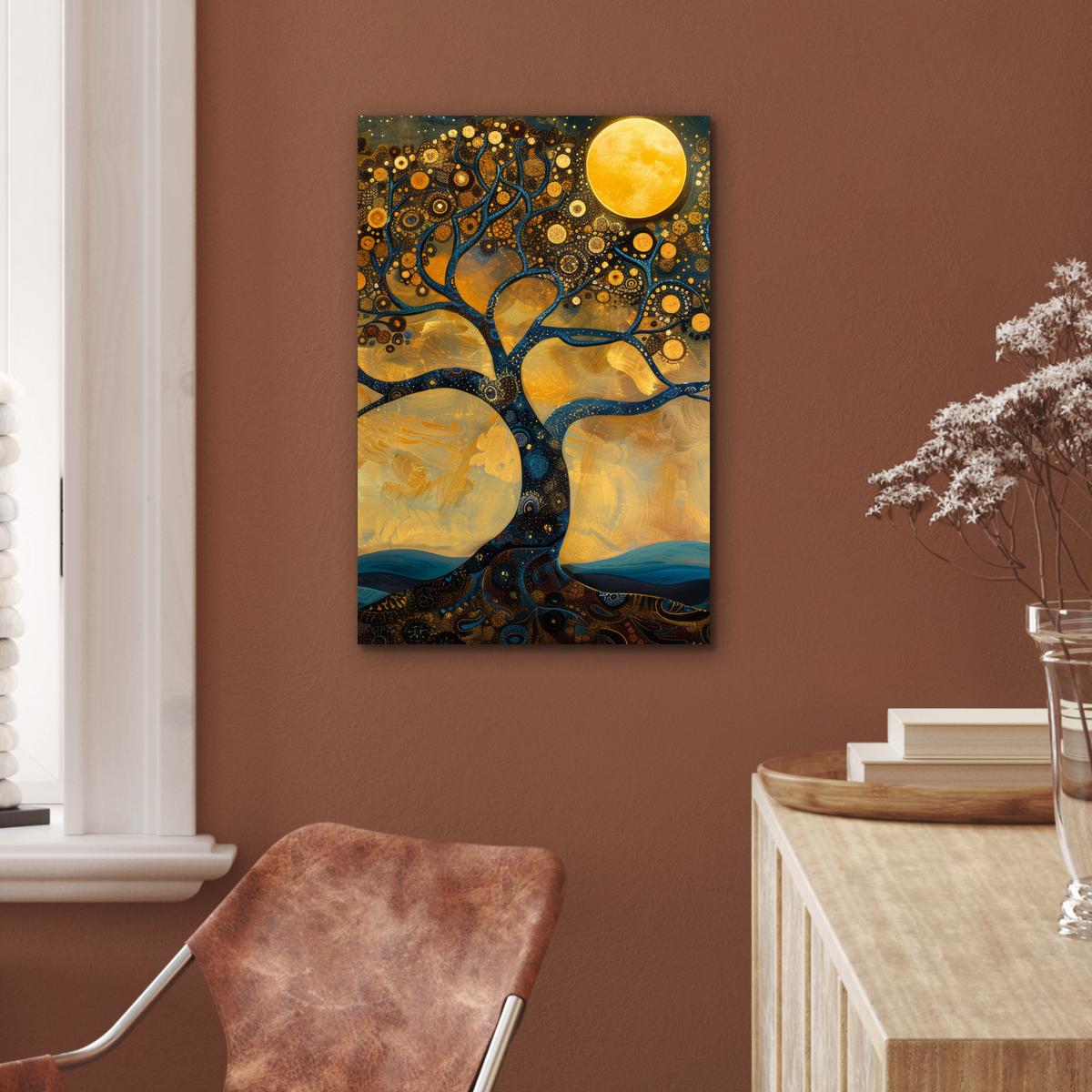 METALLBILD Baum - Mond - Blumen - Gold - Kunst Deko Schlafzimmer 40x60 cm - Orange, Metall (40/60cm) - MuchoWow