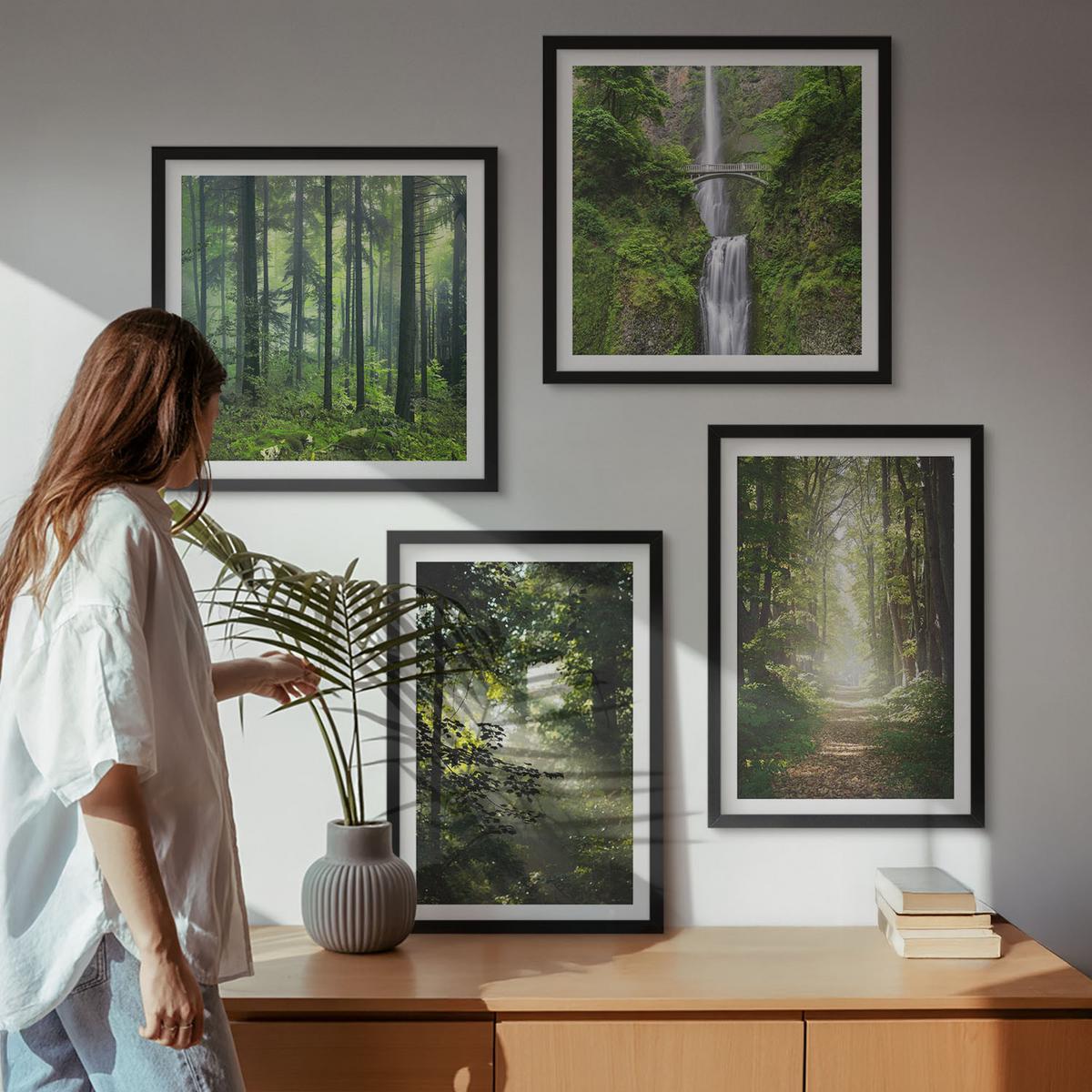 BILDER SET 4er Set - 50x50 cm & 40x60 cm Schwarzer Rahmen - Grüne Wälder, Lichtstrahlen - Schwarz, Kunststoff (50/50cm) - TULUP