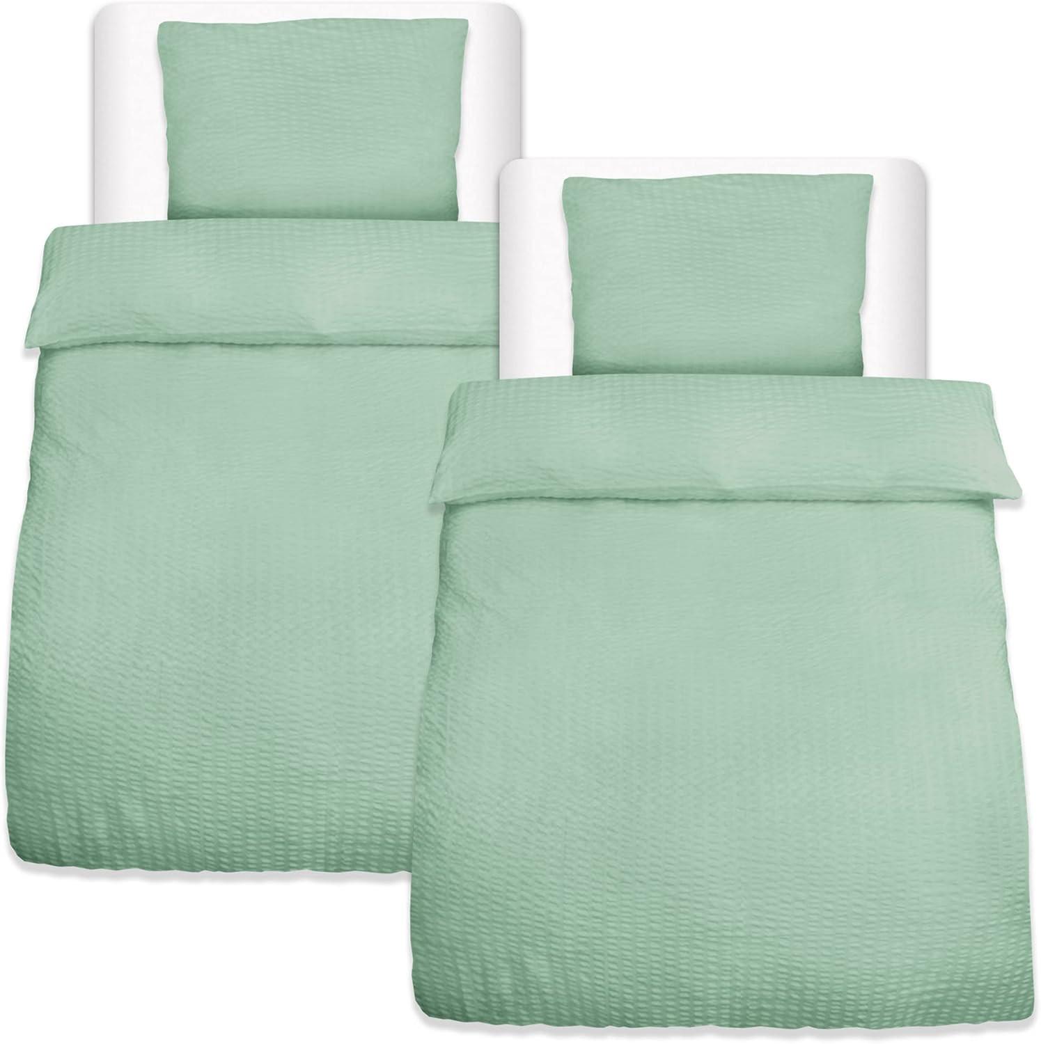 BETTBEZUG Meline 155x220cm + Kissenbezug 80x80cm Salbei Seersucker (4tlg) - Salbeigrün, Textil (155/220cm) - Beautissu 