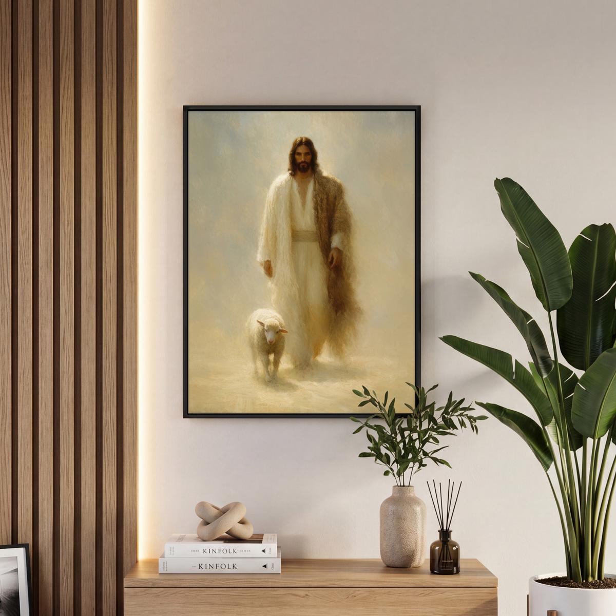 LEINWAND Bilder mit Rahmen - Schaf - Jesus - Pinselstriche - Abstrakt - 50x70 - Beige, Textil (50/70cm) - MuchoWow