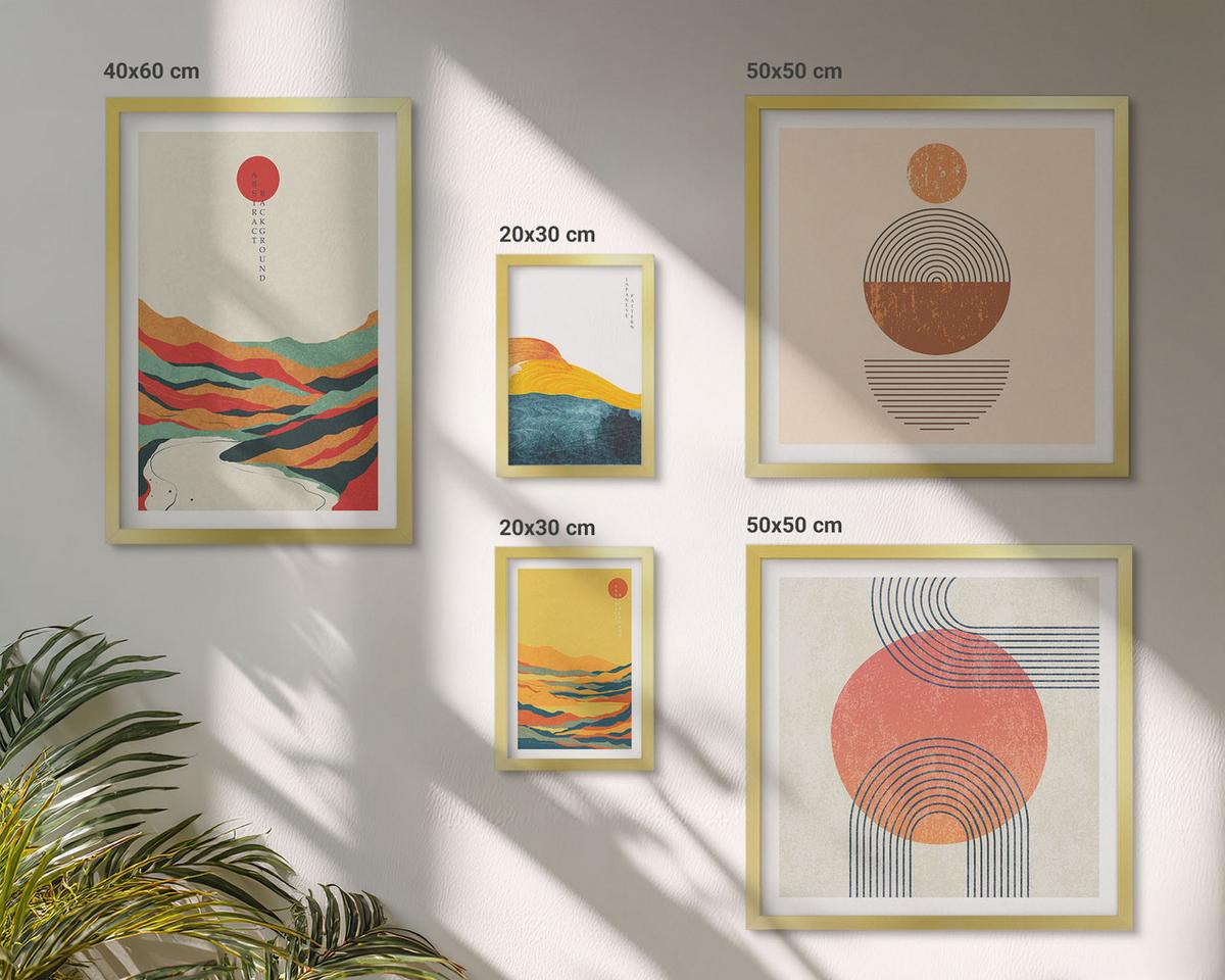 BILDER SET 5er Set - 50x50 cm & 20x30 cm & 40x60 cm Goldrahmen - Abstrakte Berglandschaften - Goldfarben, Kunststoff (40/60cm) - TULUP