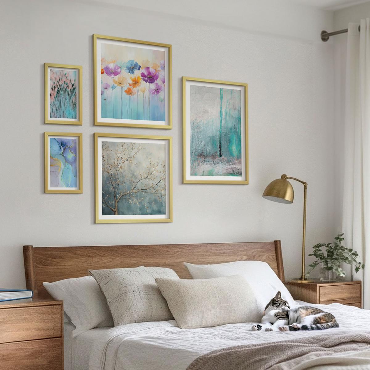 BILDER SET 5er Set - 50x50 cm & 20x30 cm & 40x60 cm Goldrahmen - Leuchtturm, Landschaft, Mädchen, Pferd - Goldfarben, Kunststoff (40/60cm) - TULUP