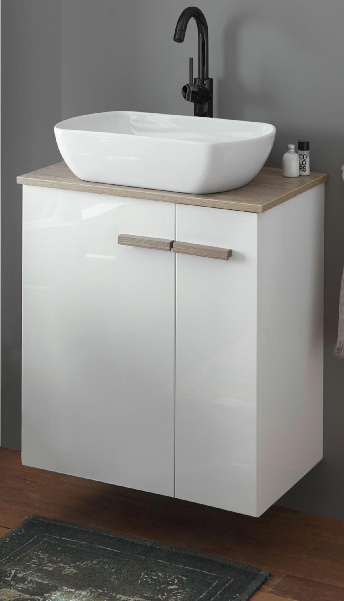 WASCHBECKENUNTERSCHRANK Weiß Hochglanz Lack, Eiche, Waschtisch Set inkl. Waschbecken - Weiß Hochglanz/Eichefarben, Holzwerkstoff (60/82/40cm) - Furn.Design