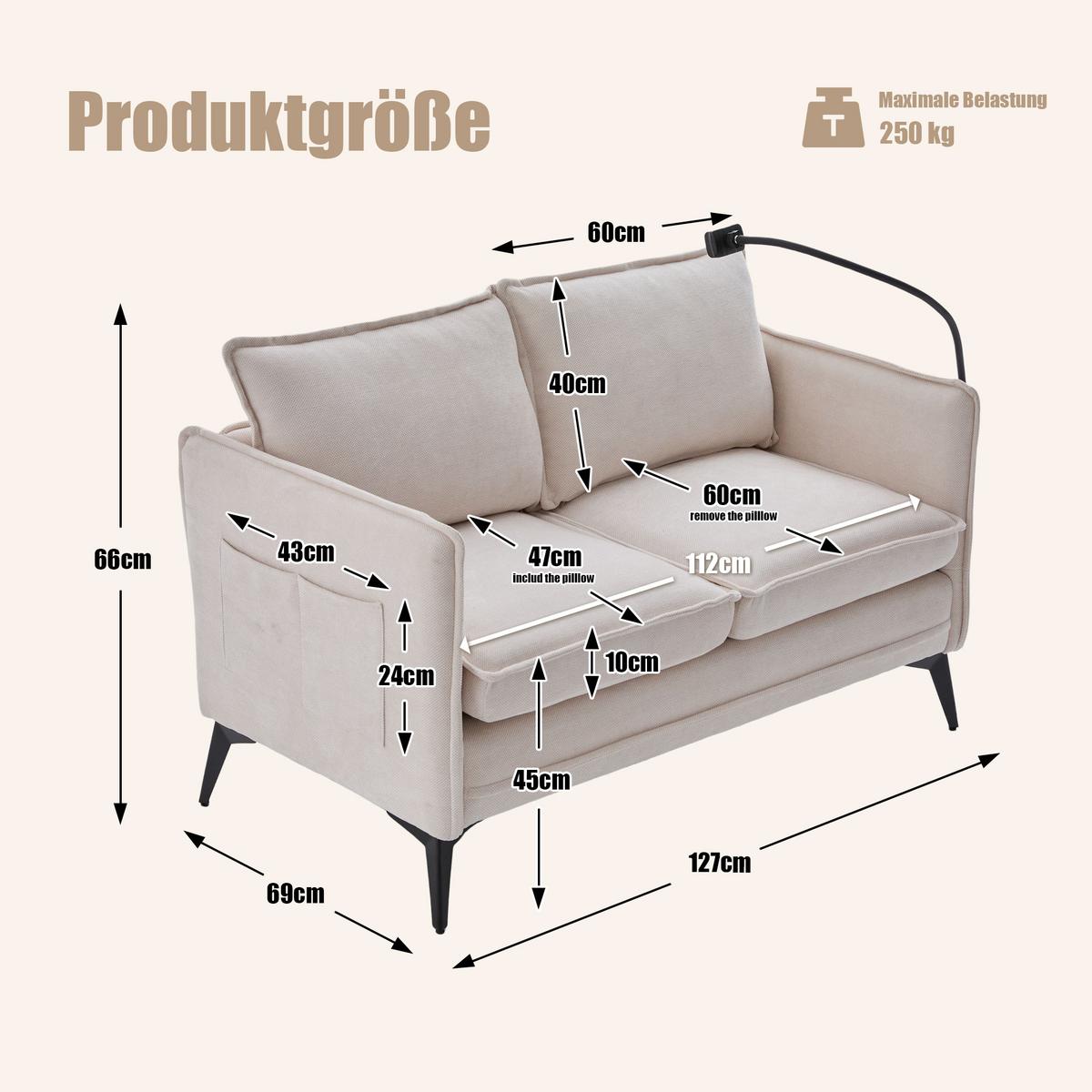 2-SITZER SOFA Chenille Mit Handy-Halter & Seitentaschen - Beige, Textil (127/66/69cm) - Urban Meuble