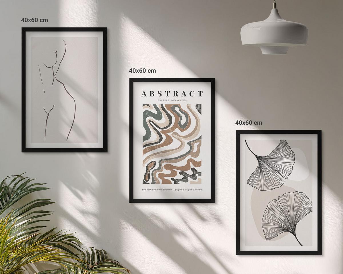 BILDER SET 3er Set - 40x60 cm Schwarzer Rahmen - Abstrakte Boho-Musterformen - Schwarz, Kunststoff (40/60cm) - TULUP
