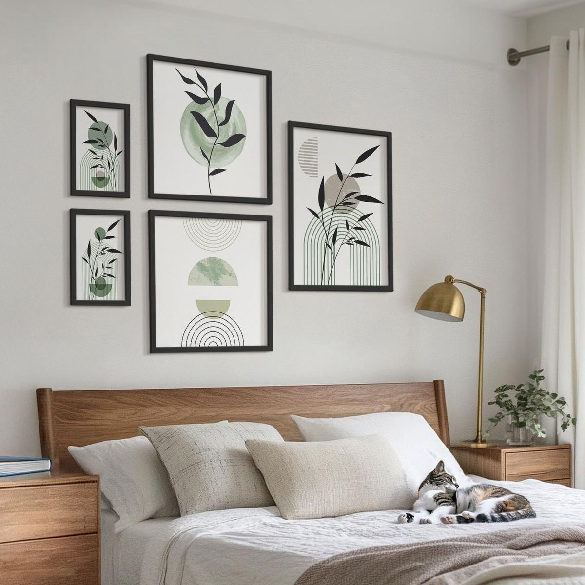 BILDER SET 5er Set - 50x50 cm & 20x30 cm & 40x60 cm Schwarzer Rahmen - Boho-Pflanzenkompositionen - Schwarz, Kunststoff (40/60cm) - TULUP
