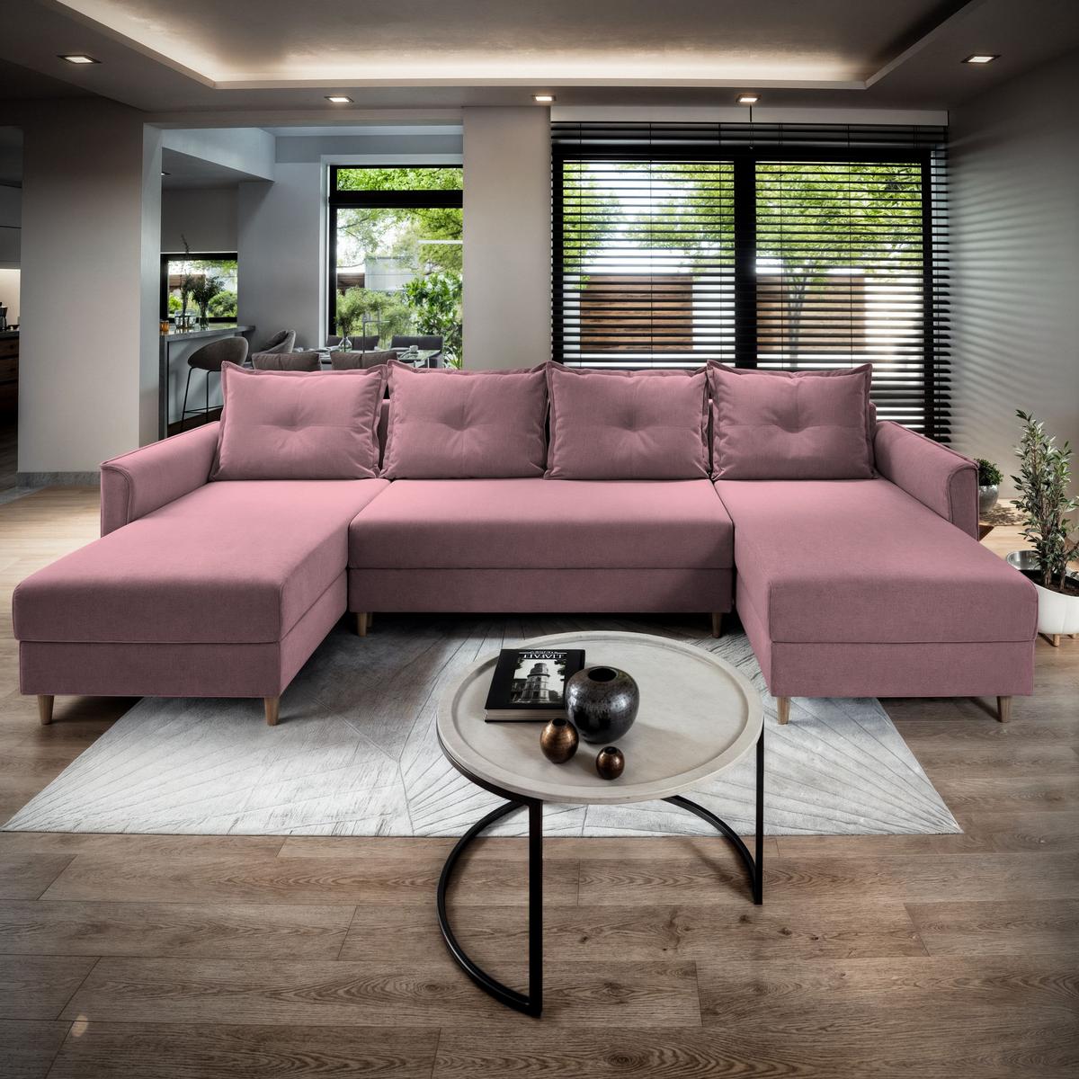WOHNLANDSCHAFT VERNI Rosa Plüsch-Stoff mit Schlaffunktion - Rosa/Braun, Holz/Textil (285/91/143cm) - MASSENO