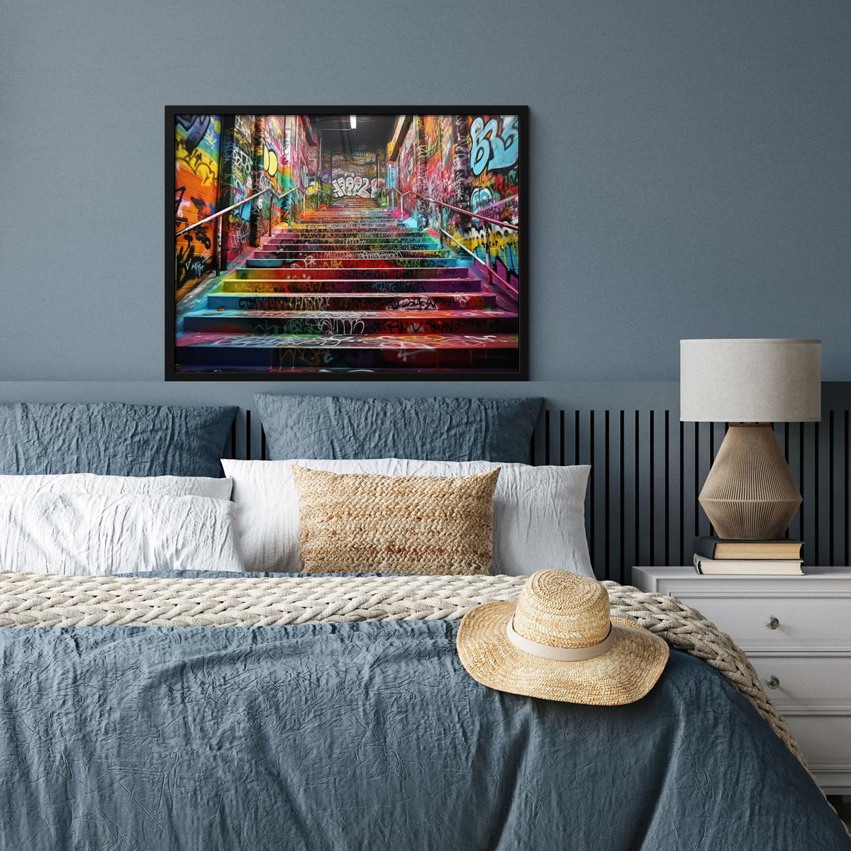 POSTER MIT RAHMENGERAHMTES BILD Treppe - Graffiti - Farben - Kunst 80x60 cm - Multicolor, Papier (80/60cm) - MuchoWow
