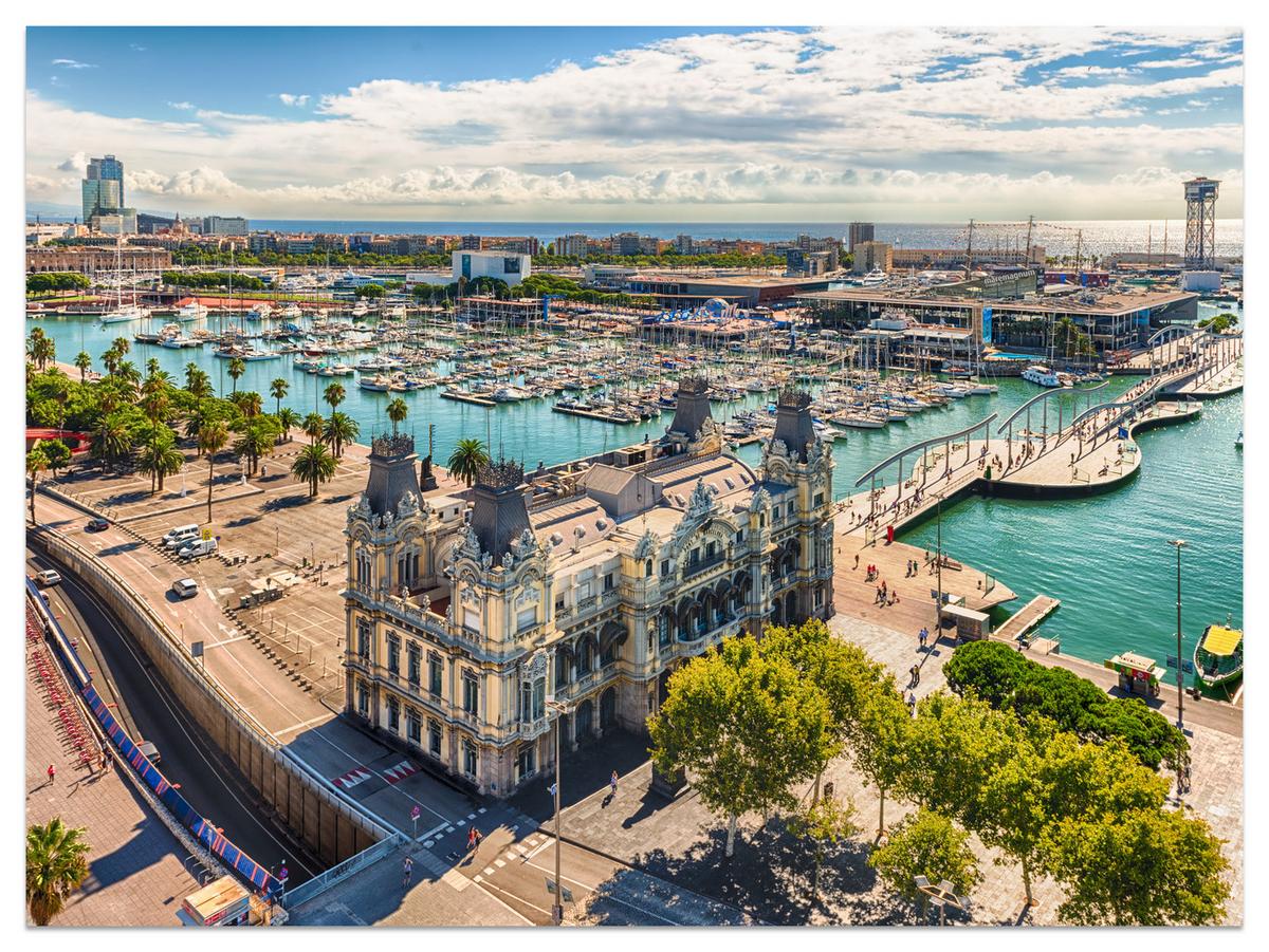 FOTOTAPETE für Wohnzimmer Barcelona Hafen Boote Denkmäler 100x70 - Türkis/Beige, Papier (100/70cm) - Muralo
