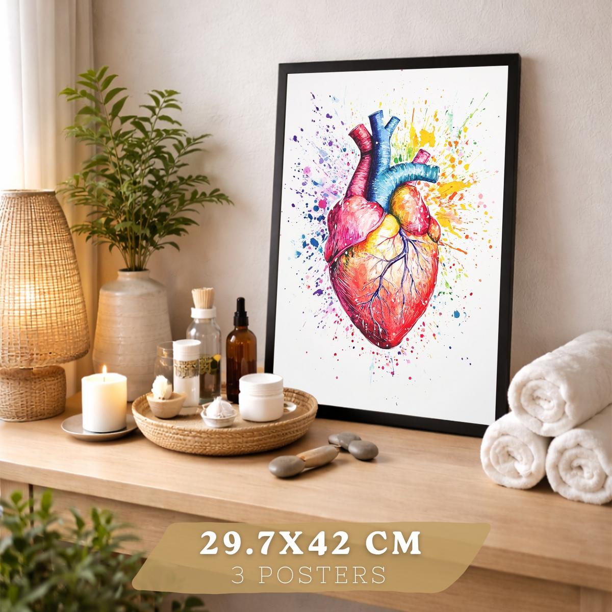 POSTER Set aus 3 Anatomie Mensch Drucke und Wandbilder mit Gehirn Herz Rippen Wirbelsäule Lebendiges Aquarell Design Wanddekoration Größe Rahmenlos A3 - Klar, Papier (29.7/42/3cm) - Nacnic