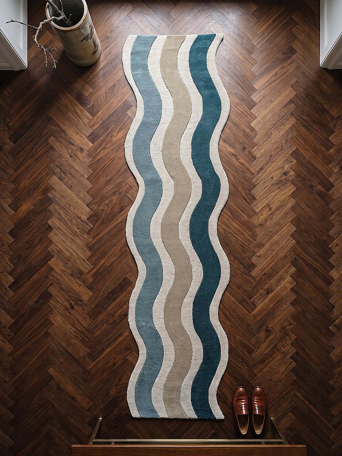 TEPPICHLÄUFER handgetuftet MONNOW, Wellenstreifen, Natur-Blau, 80 x 300 cm - Blau/Beige, Textil (80/300cm) - KADIMA DESIGN