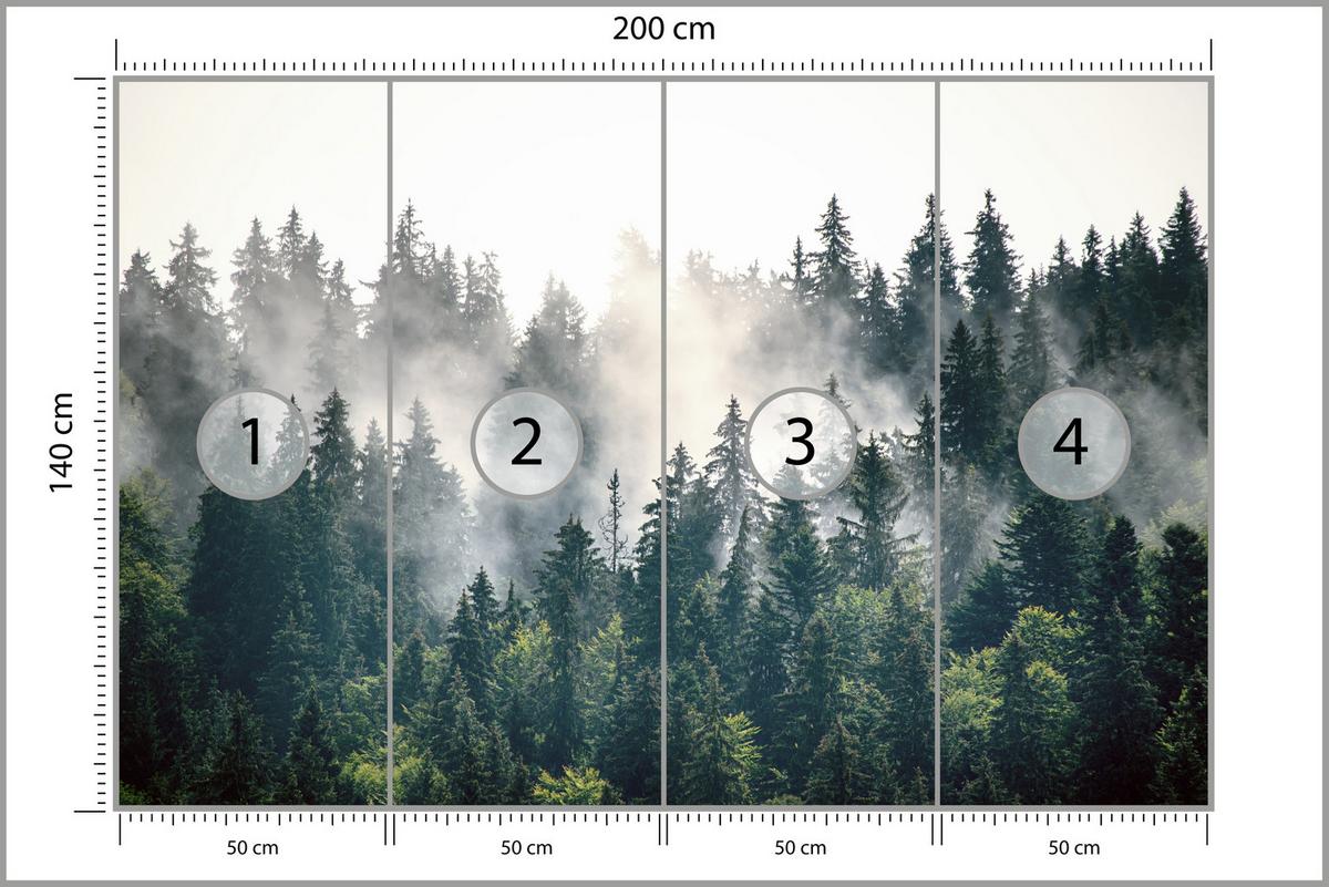 FOTOTAPETE für Wohnzimmer Nebeliger Nadelwald Berg Mystik Bäume 200x140 - Weiß/Grün, Papier (200/140cm) - Muralo