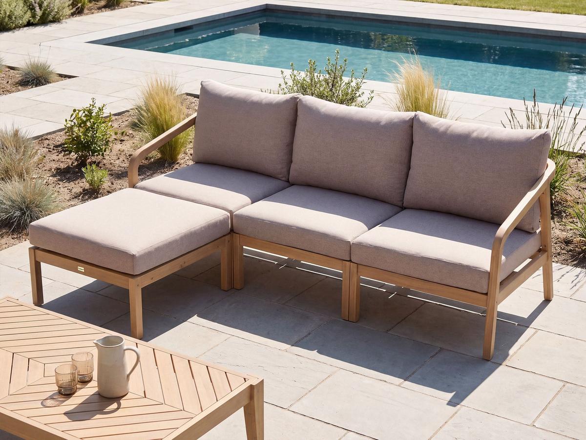 GARTENSOFA Set 3-Sitzer mit Ottomane Akazienholz Hellbraun Rivello - Hellbraun/Beige, Holz (198/84/66cm) - Beliani