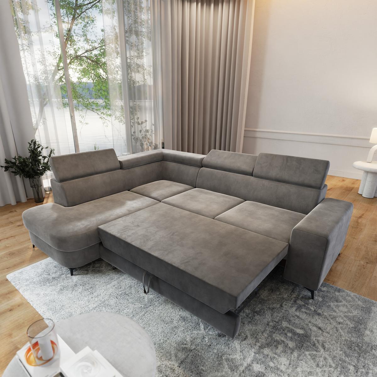 ECKSOFA ALVORO L-S Grau Velours-Stoff mit Schlaffunktion - Grau, Holz (253/190cm) - MASSENO