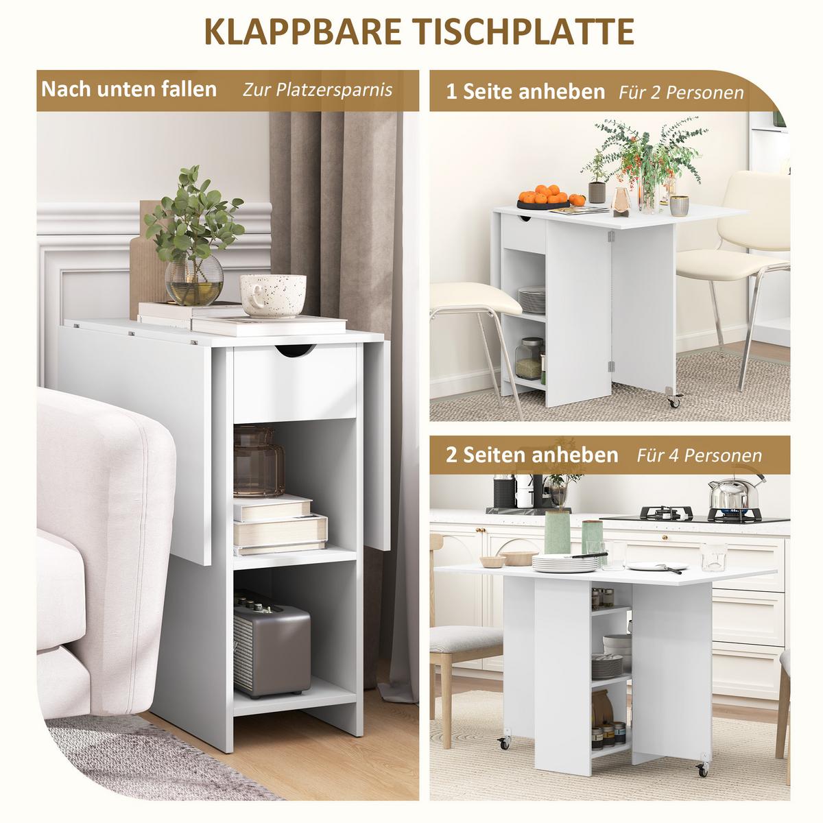 KLAPPBARER Esstisch Mobiler Küchentisch für 2-4 Personen mit Offenen Ablagen - Weiß, Holzwerkstoff (114.5/70/75cm) - HOMCOM